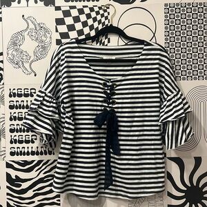 Striped Lace-Up Front Navy Blouse Oversized Small Top